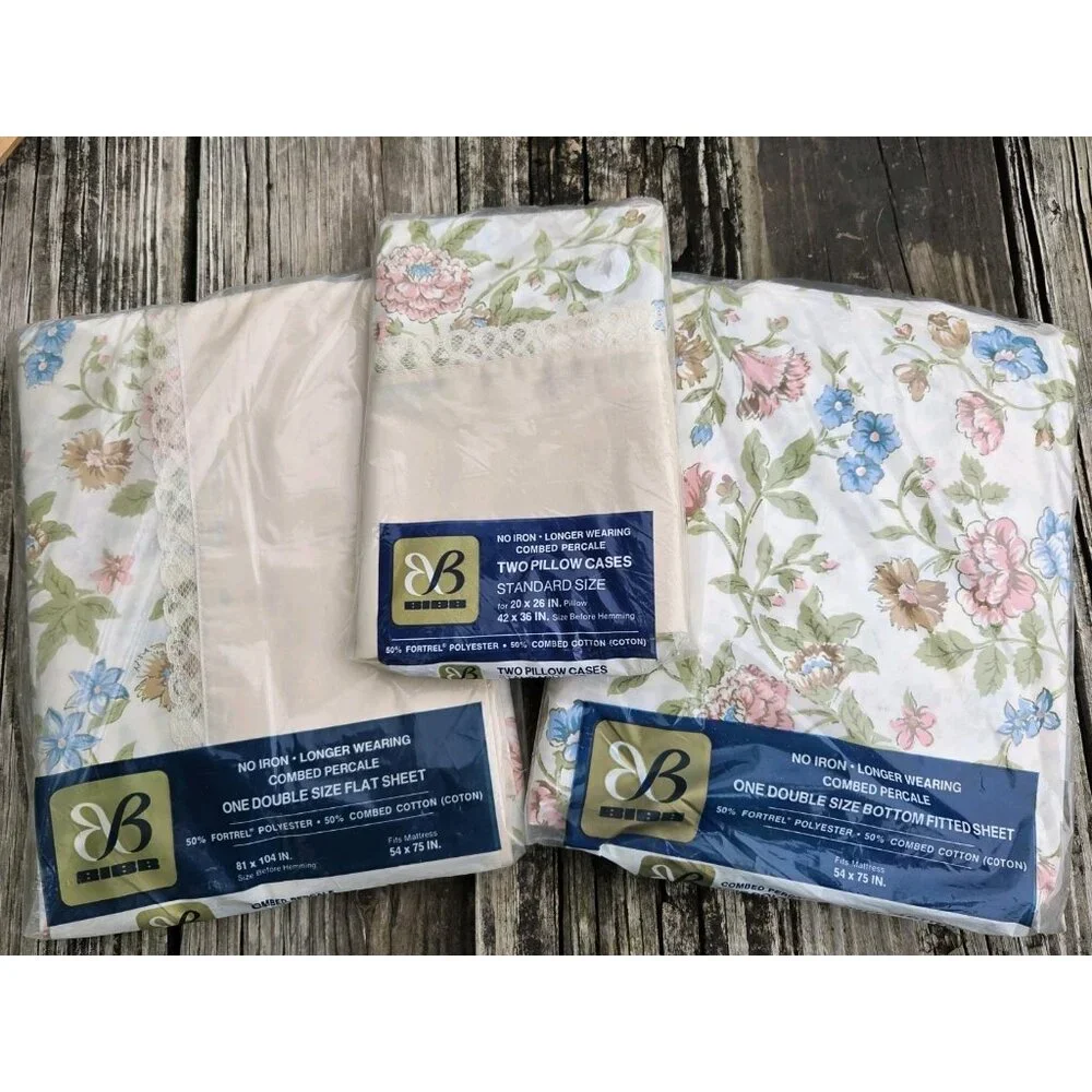 Vintage Bibb Double Full Fitted Flat 2 Pillow Sheet Set Tapestry Rose Floral New